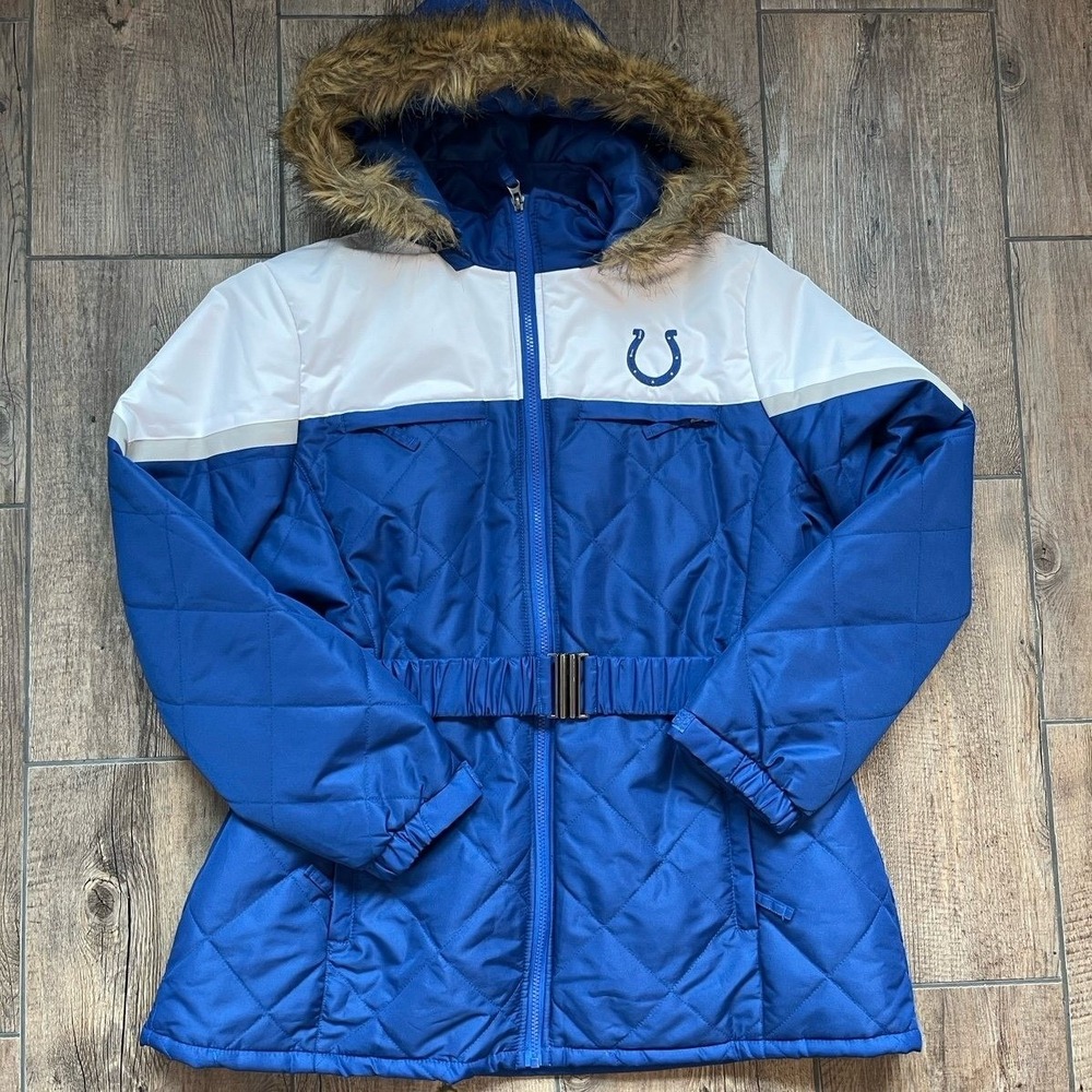 NFL Colts Team Apparel Winter Blue White Hooded Belted Coat Spellout Women's 2XL